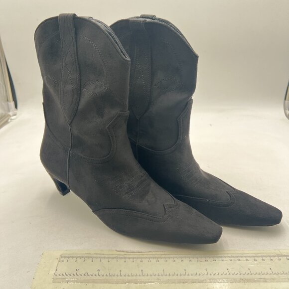 Black Suede Square Toe Comfort Kitten Heel Ankle Boot Pull On Bootie Fall Shoes - Picture 3 of 7
